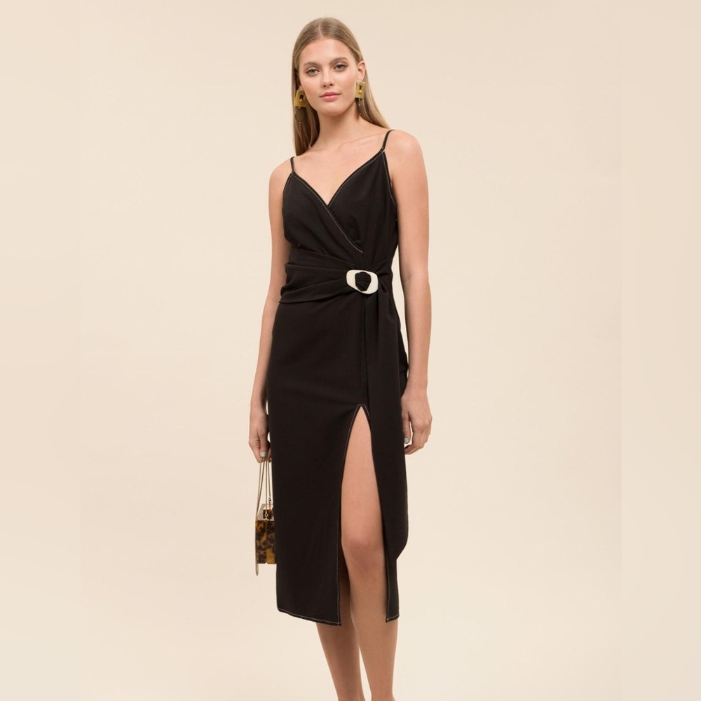 Moon River Black Sheath Midi Dress with Spaghetti Straps